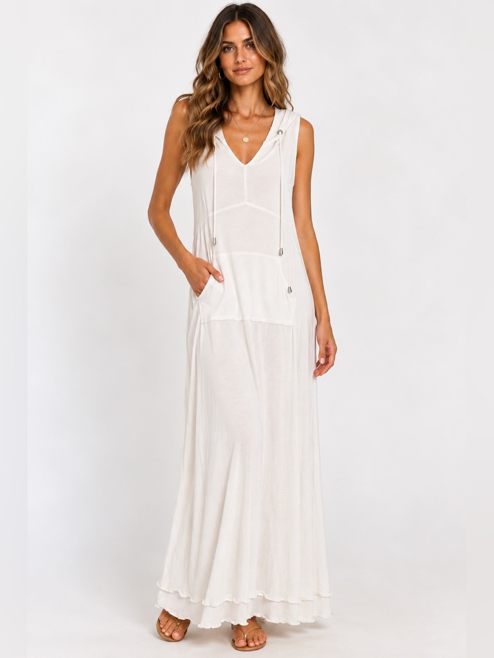 SITA White Hooded Maxi Dress Size M Soft Stretch Resort Spa Lounge